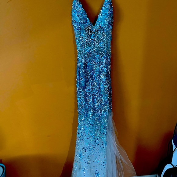 Jovani blue and white ombré sequined dress